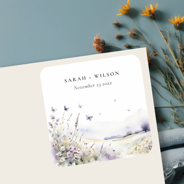 Lilac Wildblume Butterfly Field Landscape Wedding Quadratischer Aufkleber (Von Creator hochgeladen)