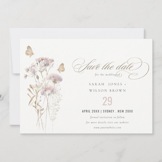 Lilac Wildblume Fern Botanische Wasserfarbenhochze Save The Date (Vorderseite)