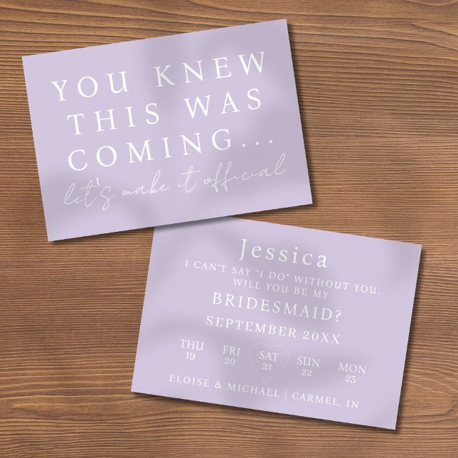 Lilac Will You Be My Bridesmaid Proposal Card Einladung (Pop the question to your bridal party with this Will You Be My Bridesmaid Proposal Card! )