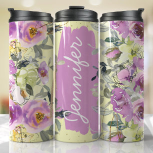 Lilac Yellow Floral Add Name Custom Gift Thermosbecher