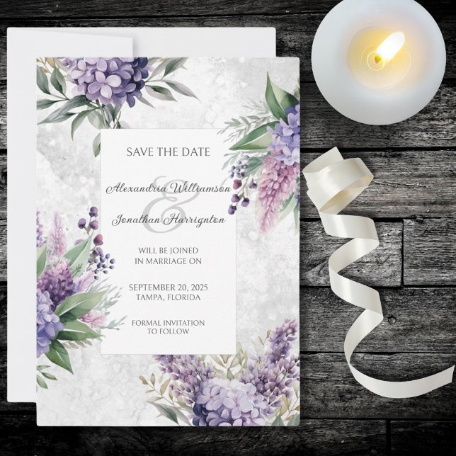 Lilacs and Heather on Marbled White Save the Date (Von Creator hochgeladen)