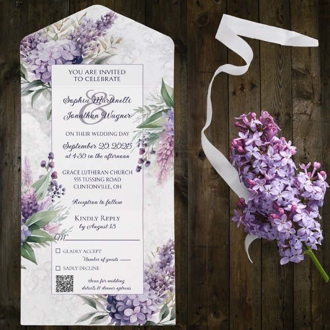 Lilacs and Heather on Marbled White with QR Code All In One Einladung (Von Creator hochgeladen)