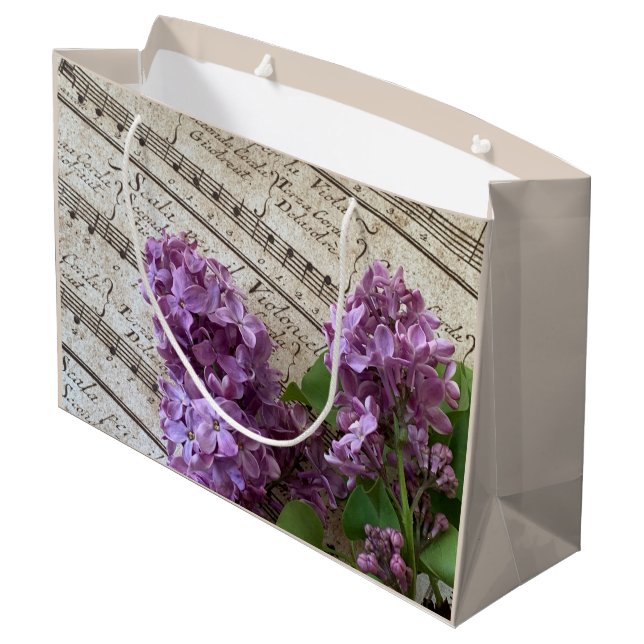 Lilacs auf alten Noten Große Geschenktüte (Rückseite Schrägansicht)