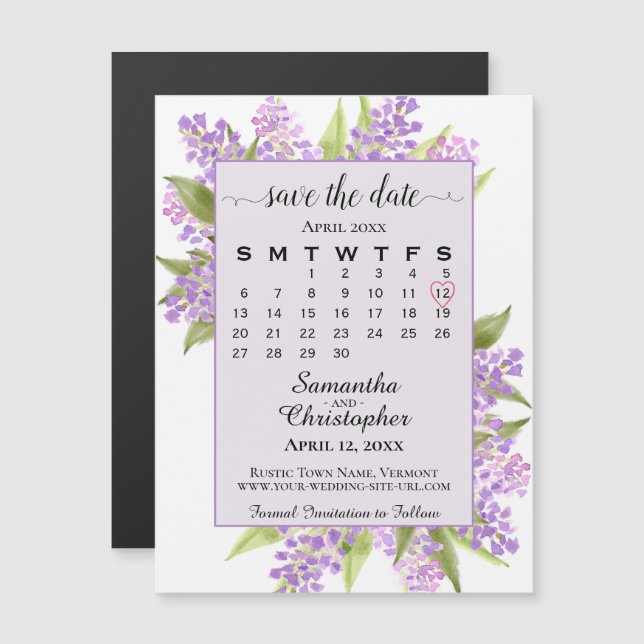 Lilacs & Calendar Lavender Wedding Speichern Sie d Magneteinladung (Vorne/Hinten)