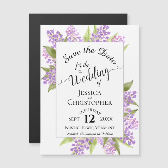 Lilacs & Calligraphy White Wedding Speichern Sie d Magneteinladung (Vorne/Hinten)