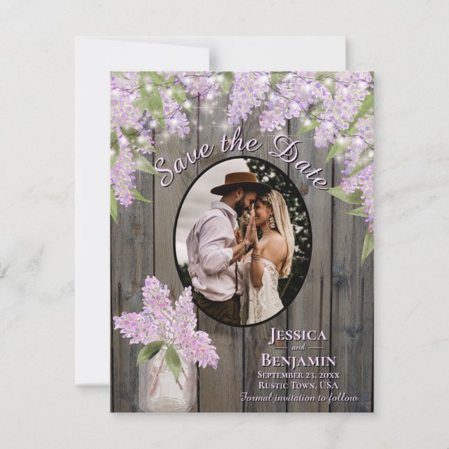 Lilacs & Lights on Barn Wood Lila Wedding Save The Date (Vorderseite)