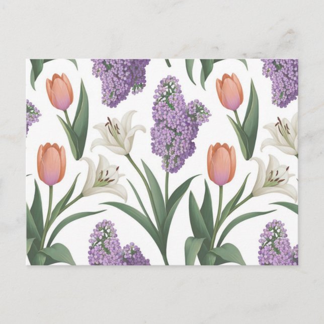 Lilacs Tulips Lilies Blume Muster Postkarte (Vorderseite)