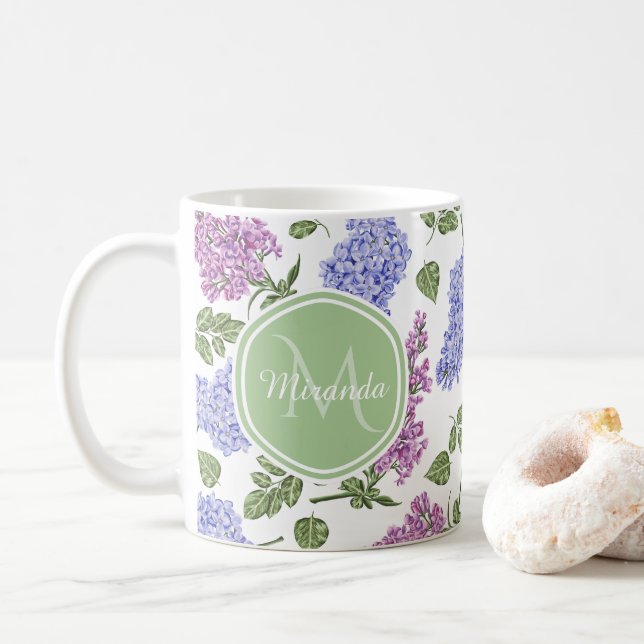 Lilafarbener Flieder Monogramm Kaffeetasse (Mit Donut)