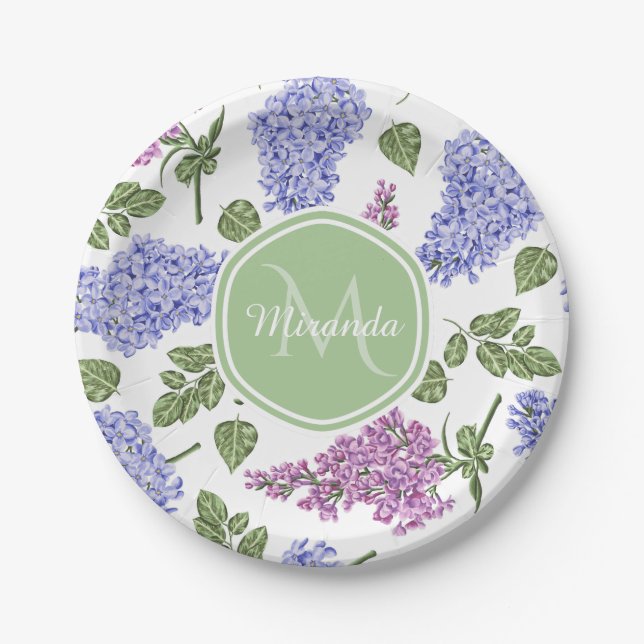 Lilafarbener Flieder Monogramm Pappteller (Vorderseite)