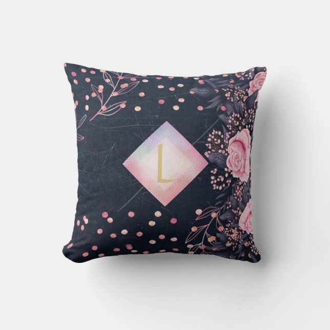 Lilibet Monogram Navy Rosegold Pink Princess Gesch Kissen (Vorderseite)