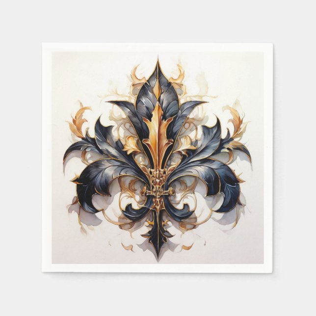 Lilie Cocktail Serviette Schwarz und Gold (Vorderseite)