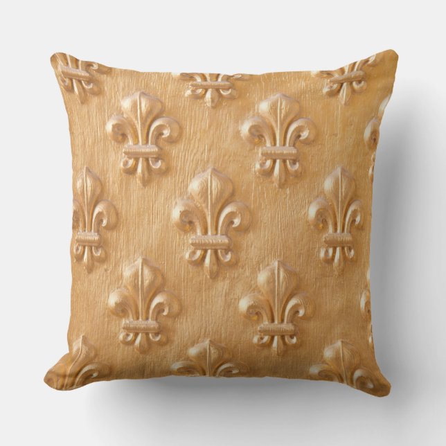 Lilie, goldfarbene Holzwand, Vintages Holz Kissen (Vorderseite)