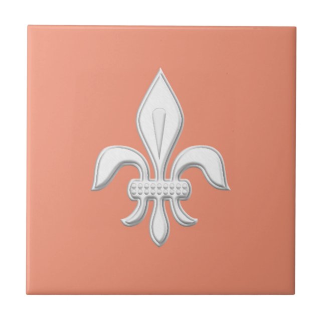 Lilie im Weiß auf hellem korallenrotem Fliese (Vorderseite)