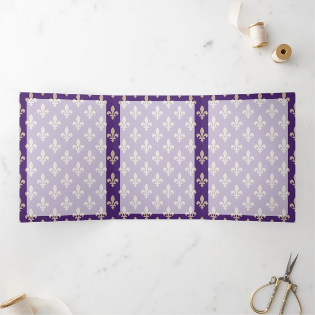 Lilie Pattern, Französisch, Royal, Cream, Lila Dreifach Gefaltete Karte (Innenseite)
