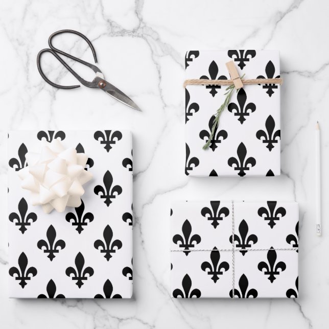Lilie Pattern, Royal French, Black on White Geschenkpapier Set (Vorderseite)