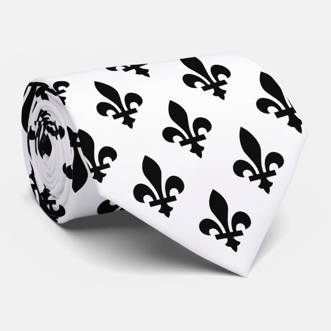 Lilie Pattern, Royal French, Black on White Krawatte (Gerollt)