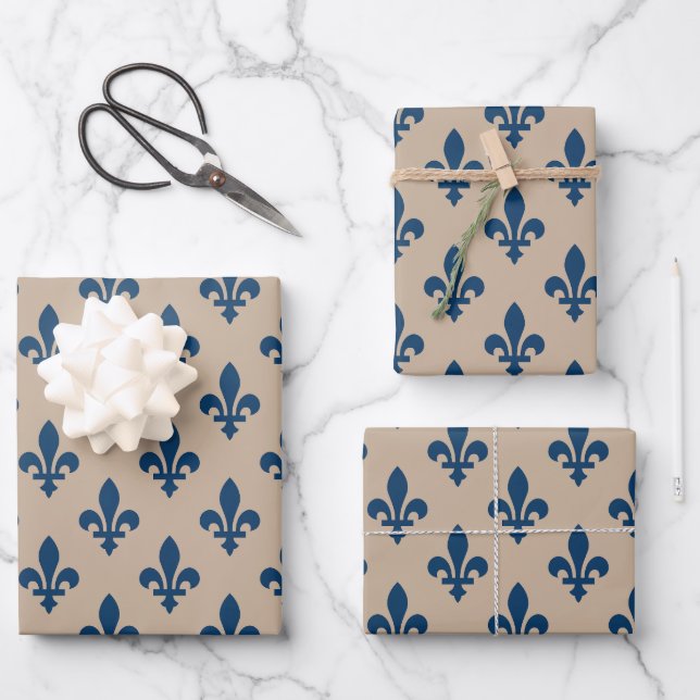 Lilie Pattern, Royal French Blue on Cream Geschenkpapier Set (Vorderseite)