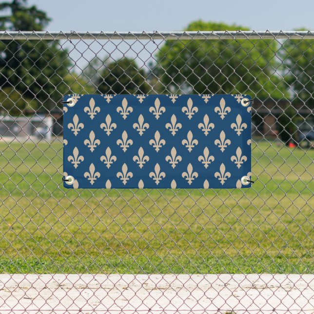 Lilie Pattern, Royal French, Cream on Blue Banner (Insitu)