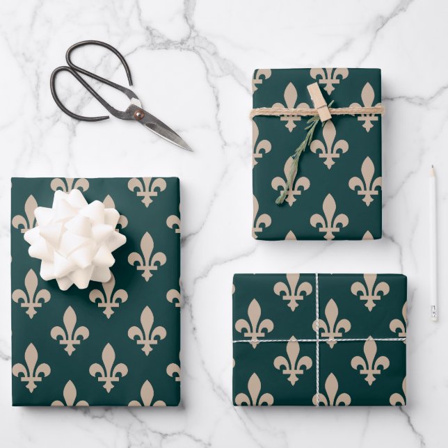 Lilie Pattern, Royal French Cream on Green Geschenkpapier Set (Vorderseite)