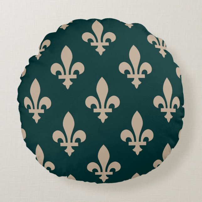 Lilie Pattern, Royal French Cream on Green Rundes Kissen (Vorderseite)