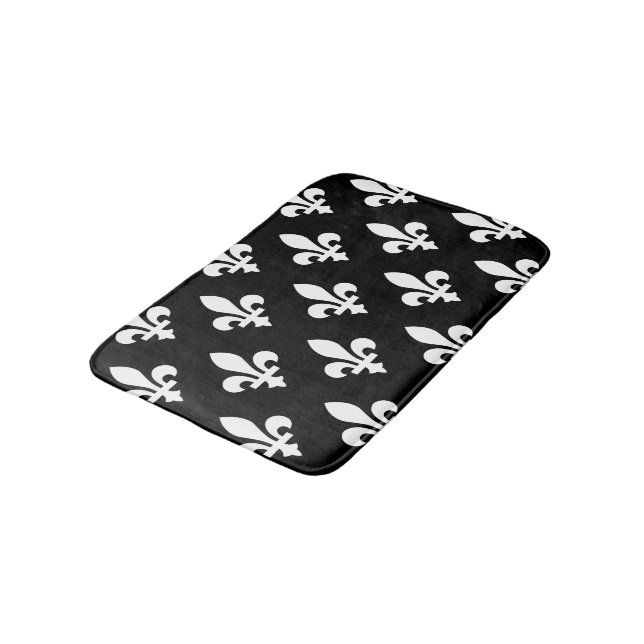 Lilie Pattern, Royal French, White on Black Badematte (Schrägansicht)