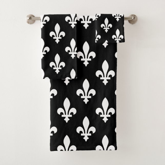 Lilie Pattern, Royal French, White on Black Badhandtuch Set (Insitu)
