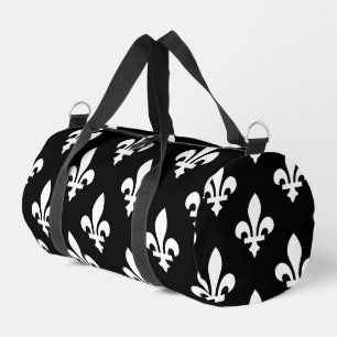 Lilie Pattern, Royal French, White on Black Duffle Bag