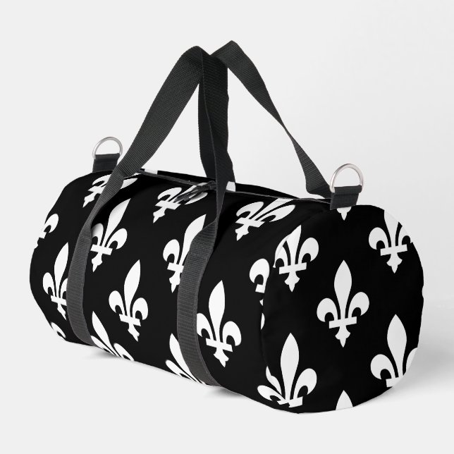 Lilie Pattern, Royal French, White on Black Duffle Bag (Linke Seite)