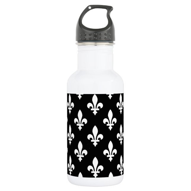 Lilie Pattern, Royal French, White on Black Edelstahlflasche (Vorderseite)