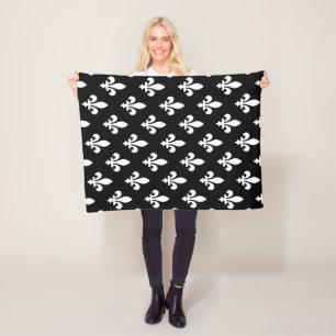 Lilie Pattern, Royal French, White on Black Fleecedecke