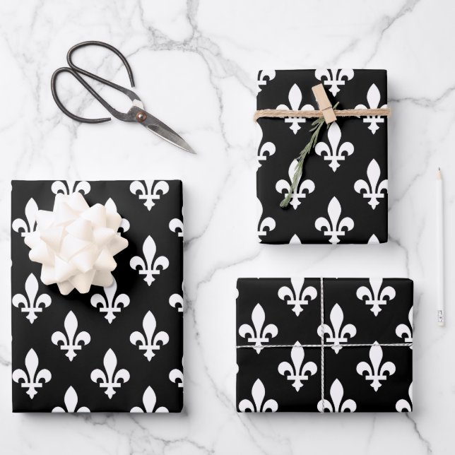 Lilie Pattern, Royal French, White on Black Geschenkpapier Set (Vorderseite)