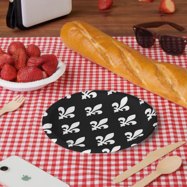 Lilie Pattern, Royal French, White on Black Pappteller (Picknick)