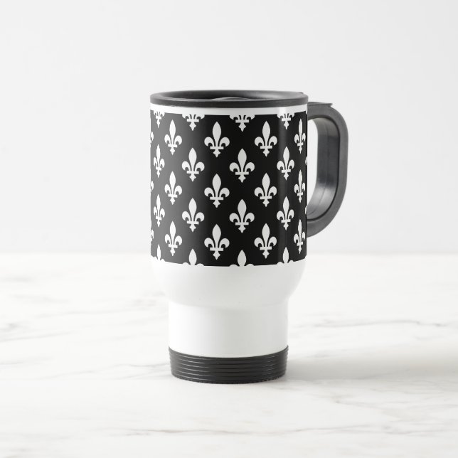 Lilie Pattern, Royal French, White on Black Reisebecher (VorderseiteRechts)