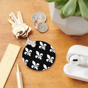 Lilie Pattern, Royal French, White on Black Schlüsselanhänger