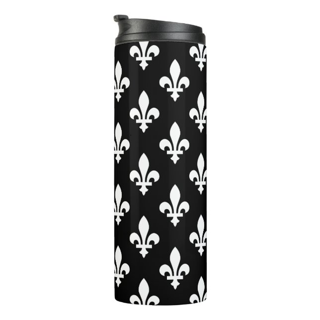 Lilie Pattern, Royal French, White on Black Thermosbecher (Nach rechts gedreht)