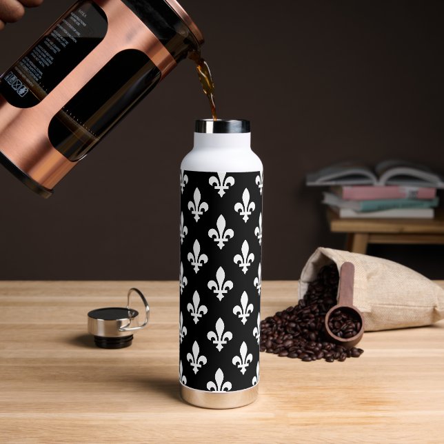 Lilie Pattern, Royal French, White on Black Trinkflasche (Kaffee)