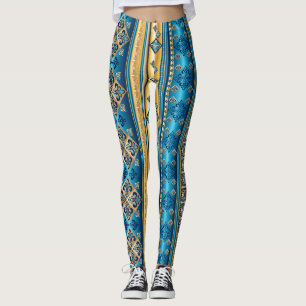 Lilie Smoky Blue Gold Yellow Ethnic Pattern Leggings