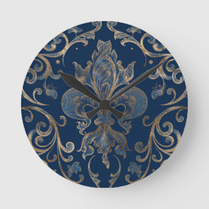 Lilien-Ornament Blaues Glas und Gold Runde Wanduhr