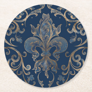 Lilien-Ornament Blaues Glas und Gold Runder Pappuntersetzer