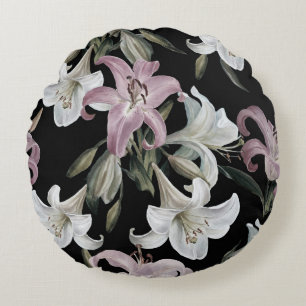 Lilien, rosa weiß, Blumenmuster. Rundes Kissen