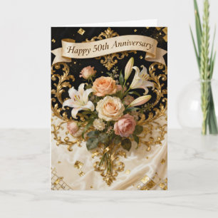 Lilien Rosen und Gold 50. Hochzeitstag Karte