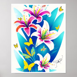 Lilien und Gelbe Schmetterlinge Poster