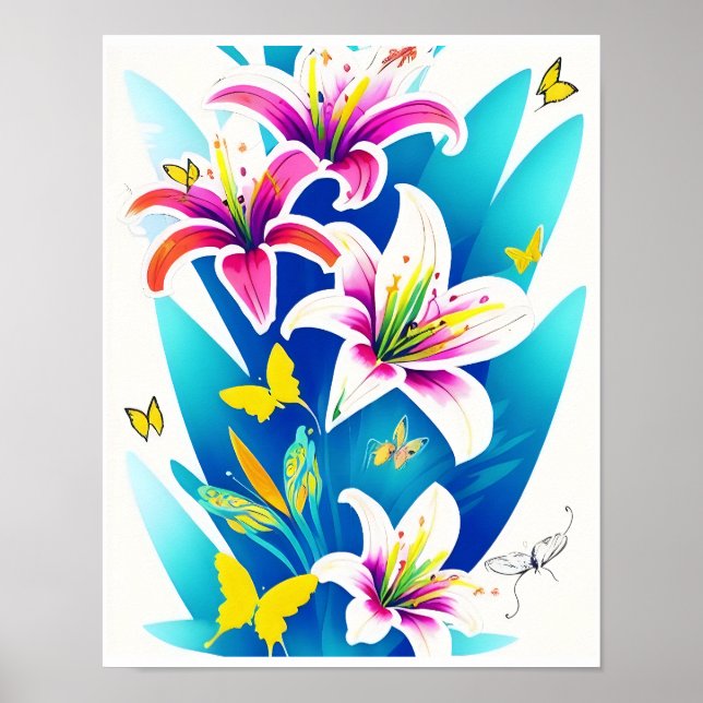 Lilien und Gelbe Schmetterlinge Poster (Vorne)