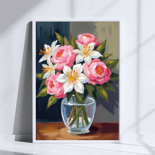 Lilien- und Rosenstrauß   Florale Aquarell-Vase Poster