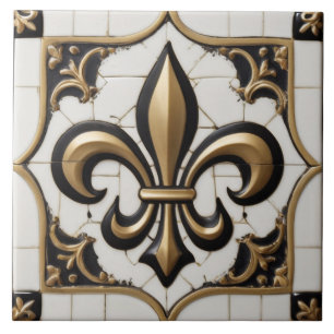 Lilienblüten-Faux-Relief Vintage Schwarz Weiß Gold Fliese