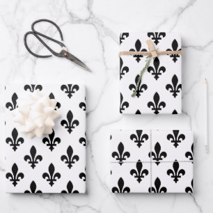 Lilienmuster, königlich französisch, Schwarz auf W Geschenkpapier Set