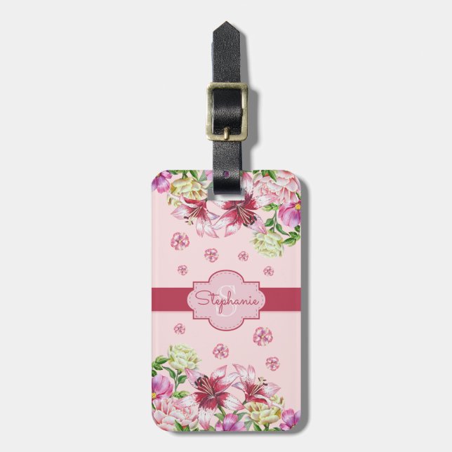 Lilienpeony Floral Blush Pink Monogram Gepäckanhänger (Vorderseite vertikal)