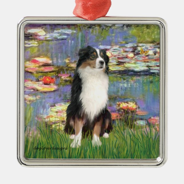Lilies 2 - Tri Australian Shepherd Silbernes Ornament (Vorne)
