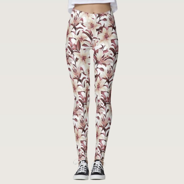 Lilies auf weiß. Blumenmuster Leggings (Vorderseite)