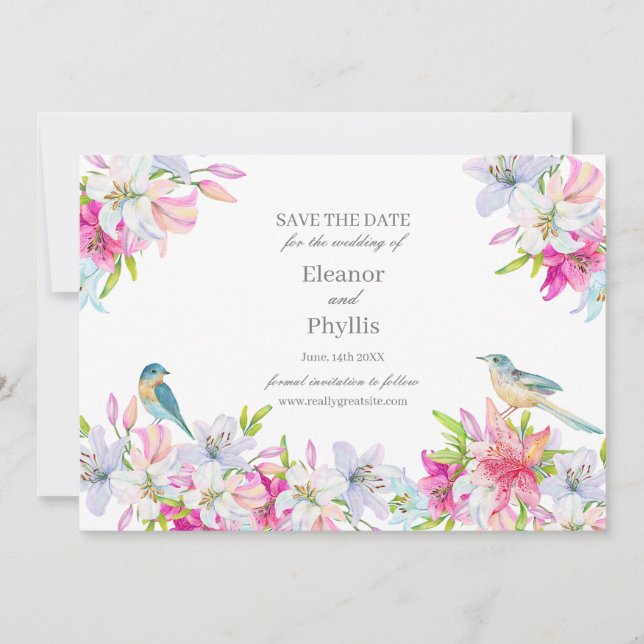 Lilies Watercolor Wedding Save the Date Invasion Einladung (Vorderseite)